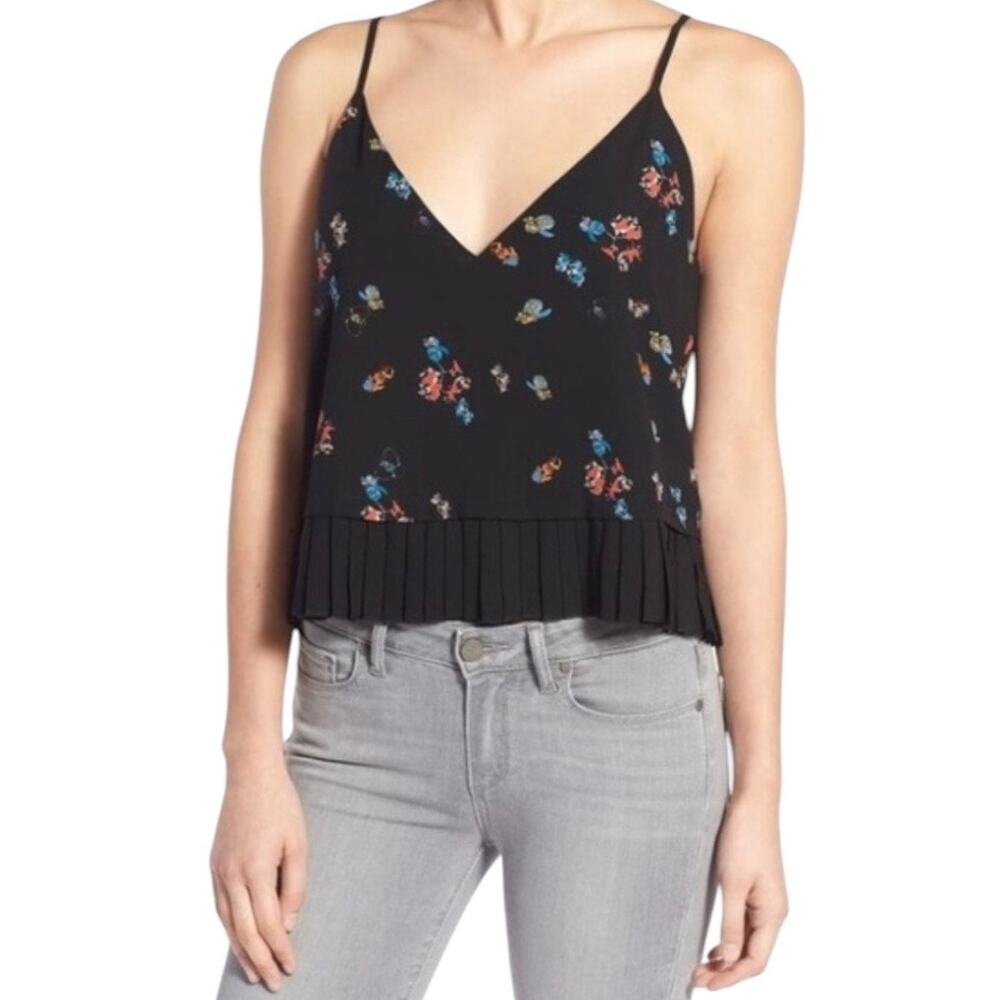 Rebecca Minkoff Womens Black Floral Pleated Ruffle Cropped Tank Top Size S/M